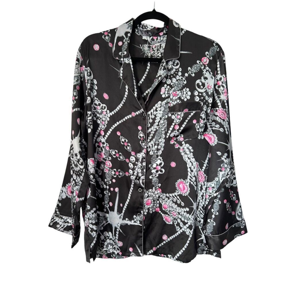 Victorias Secret Pajama Sleep Shirt Size M Button Up Long Sleeve Black Geometric